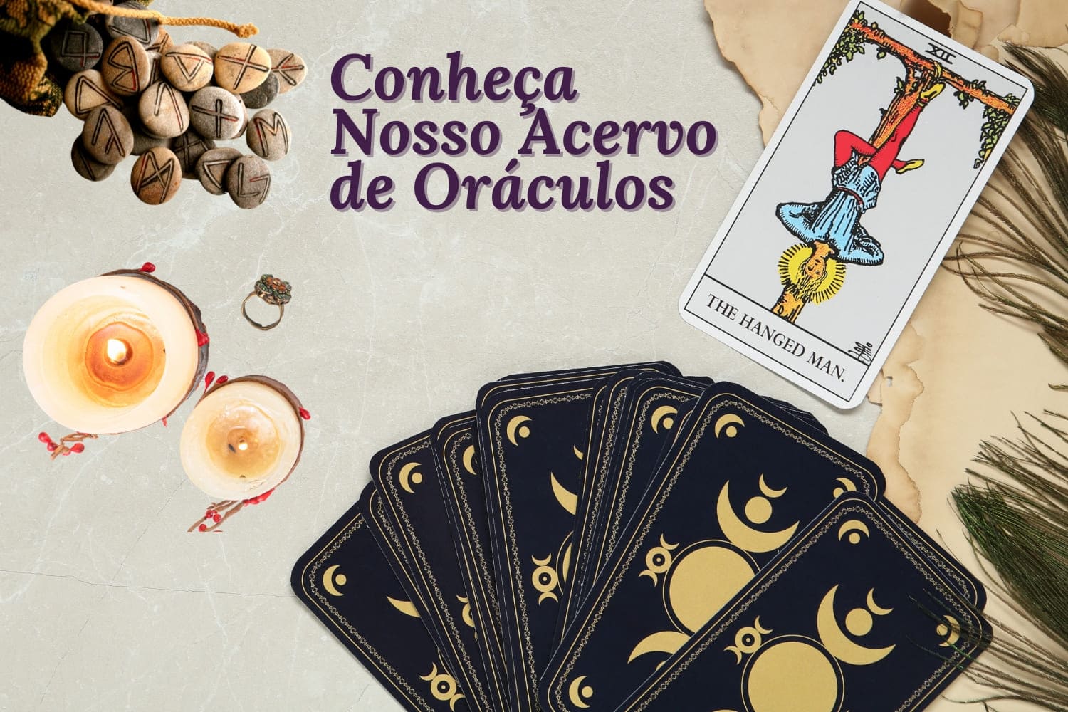 banner com elementos de tarot, velas e runas